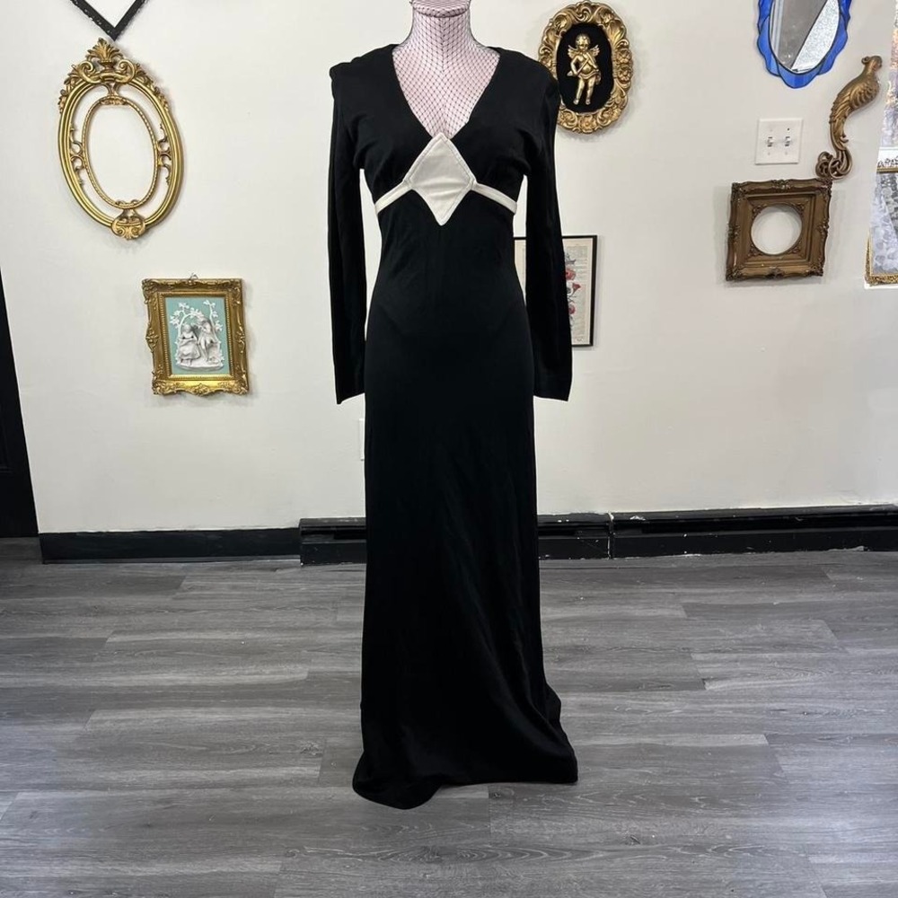 Vintage 70s Black Maxi Dress with Satin Diamond Bust Detail – Vampire Goth Style